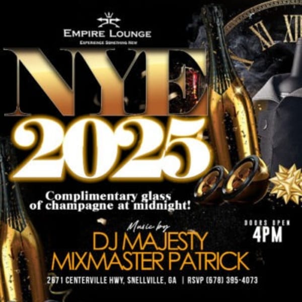 Empire Lounge NYE 2025 flyer with champagne bottles, a clock, and DJ information.