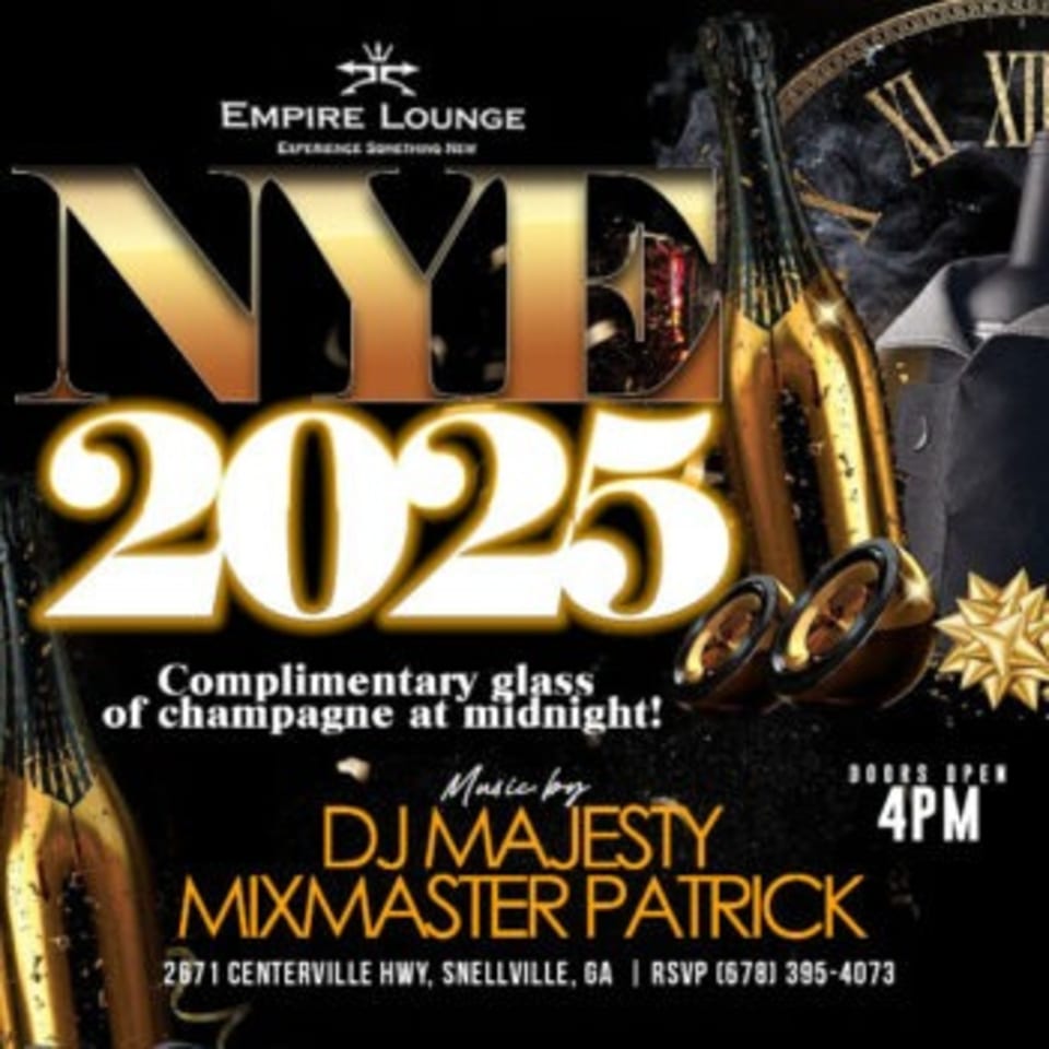 Empire Lounge NYE 2025 flyer with champagne bottles, a clock, and DJ information.