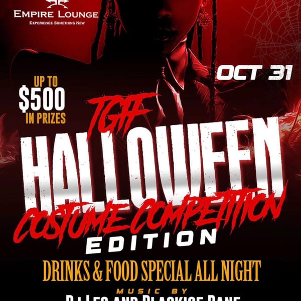 Empire Lounge Halloween costume competition flyer with a dark figure, spiderweb, and event details.