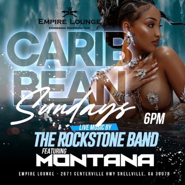 Promotional flyer for "Caribbean Sundays" at Empire Lounge, featuring a woman adorned with jewels in water.