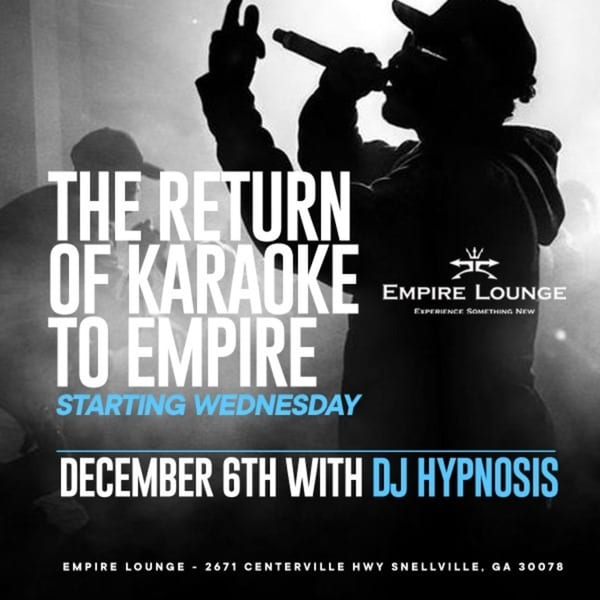 Silhouette of a person singing into a microphone at Empire Lounge, advertising karaoke.