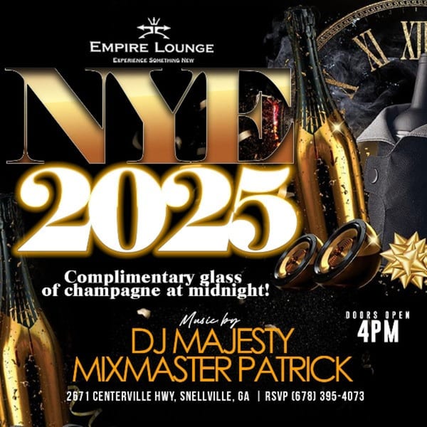 Empire Lounge New Year's Eve 2025 flyer with champagne bottles, speakers, and a clock.