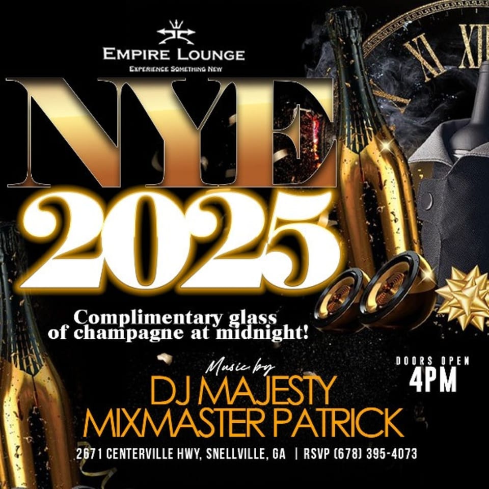 Empire Lounge New Year's Eve 2025 flyer with champagne bottles, speakers, and a clock.